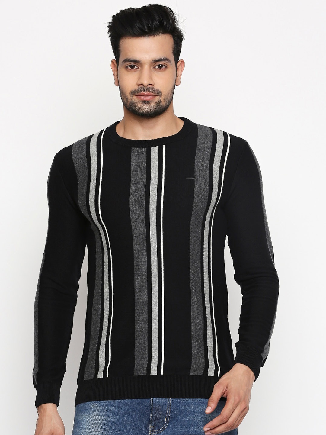 

People Men Black & Grey Striped Pullover Sweater