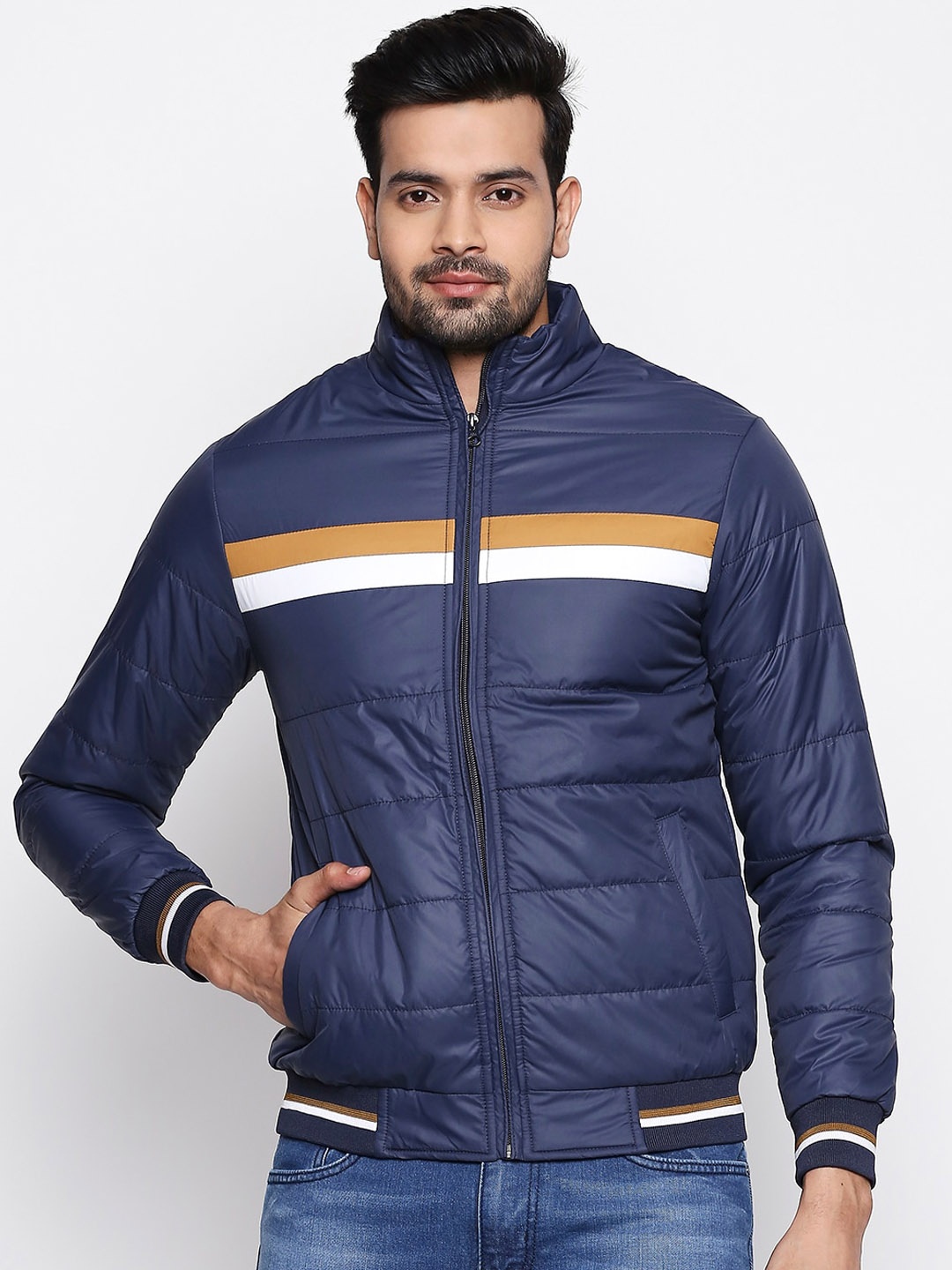 

People Men Navy Blue Striped Puffer Jacket