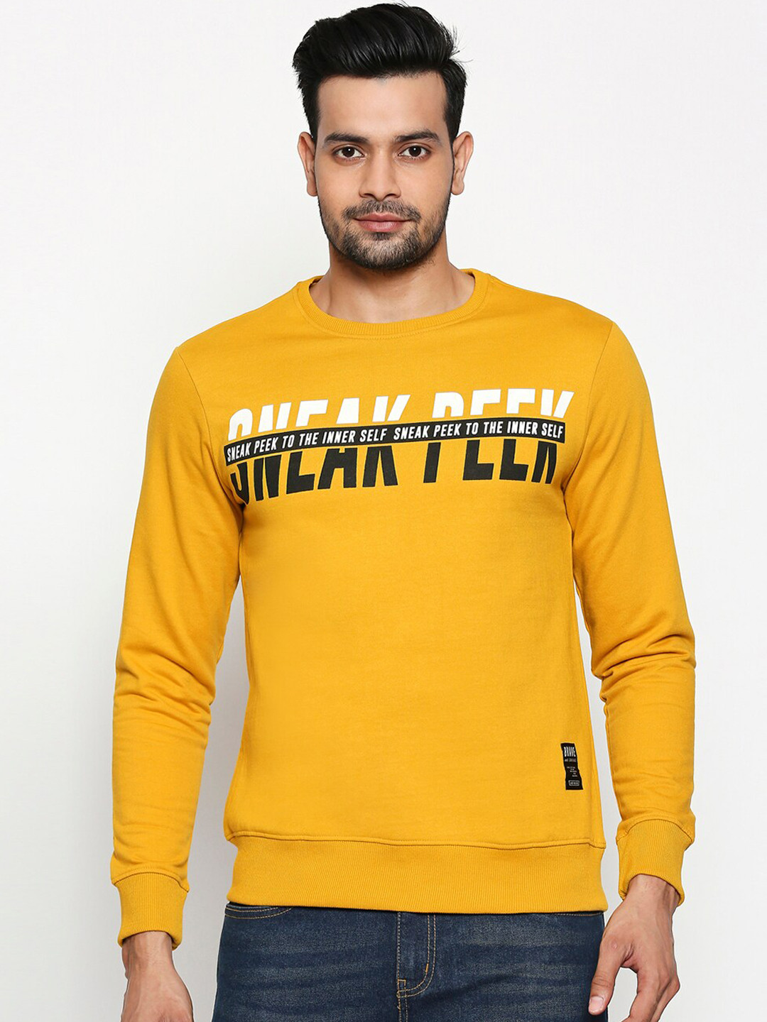 

People Men Mustard Yellow & Black Printed Sweatshirt