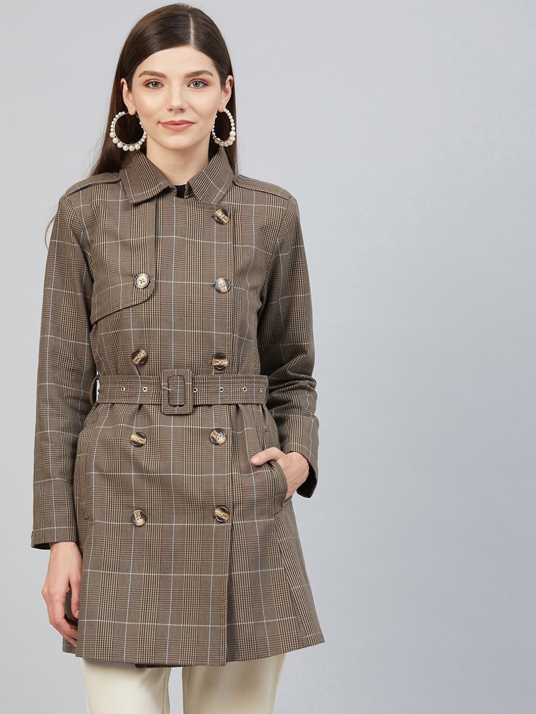 

Marie Claire Women Brown & Beige Checked Double-Breasted Trench Coat