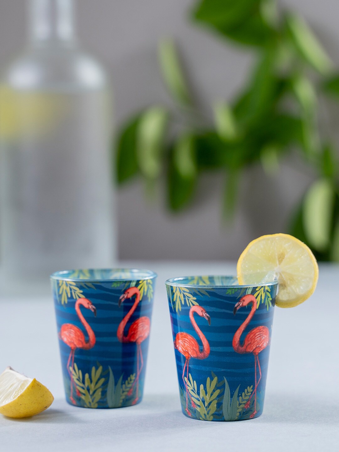 

KOLOROBIA Set Of 2 Blue & Pink Tropical Flamingo Shot Glasses 30 ml
