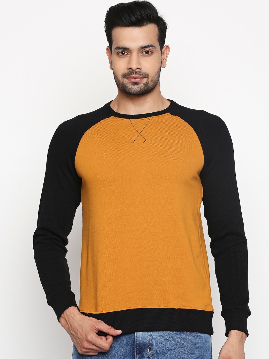 

People Men Mustard Yellow Solid Cotton Sweatshirt