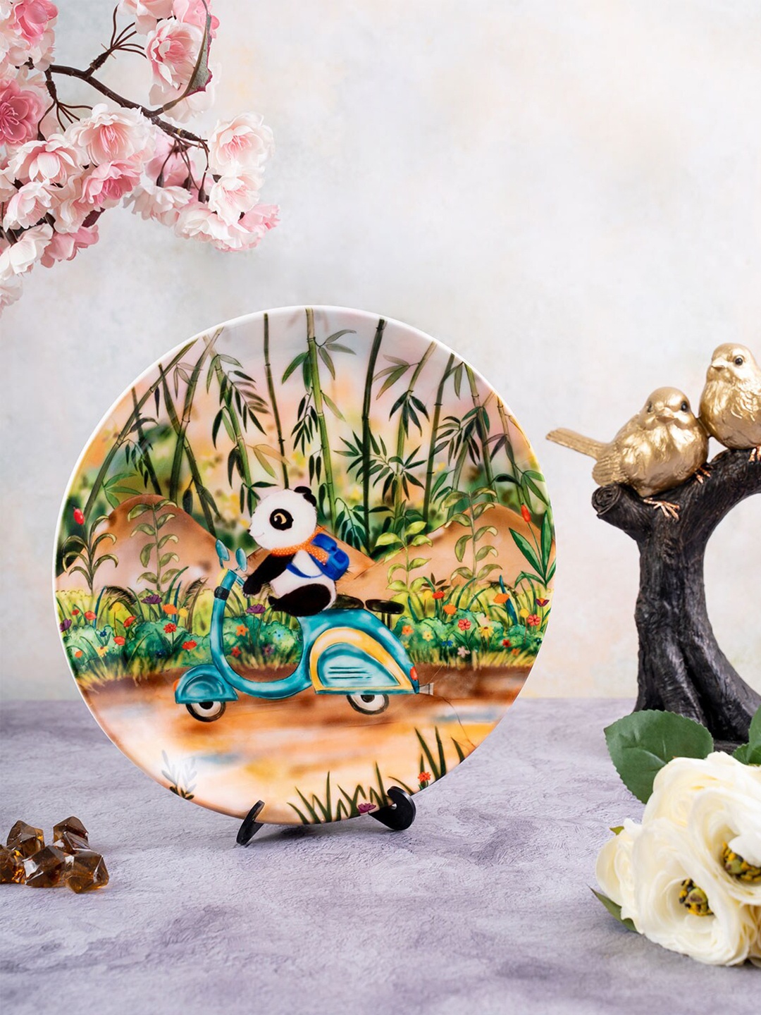 

KOLOROBIA Green & Brown Riding Panda Decorative Wall Plate