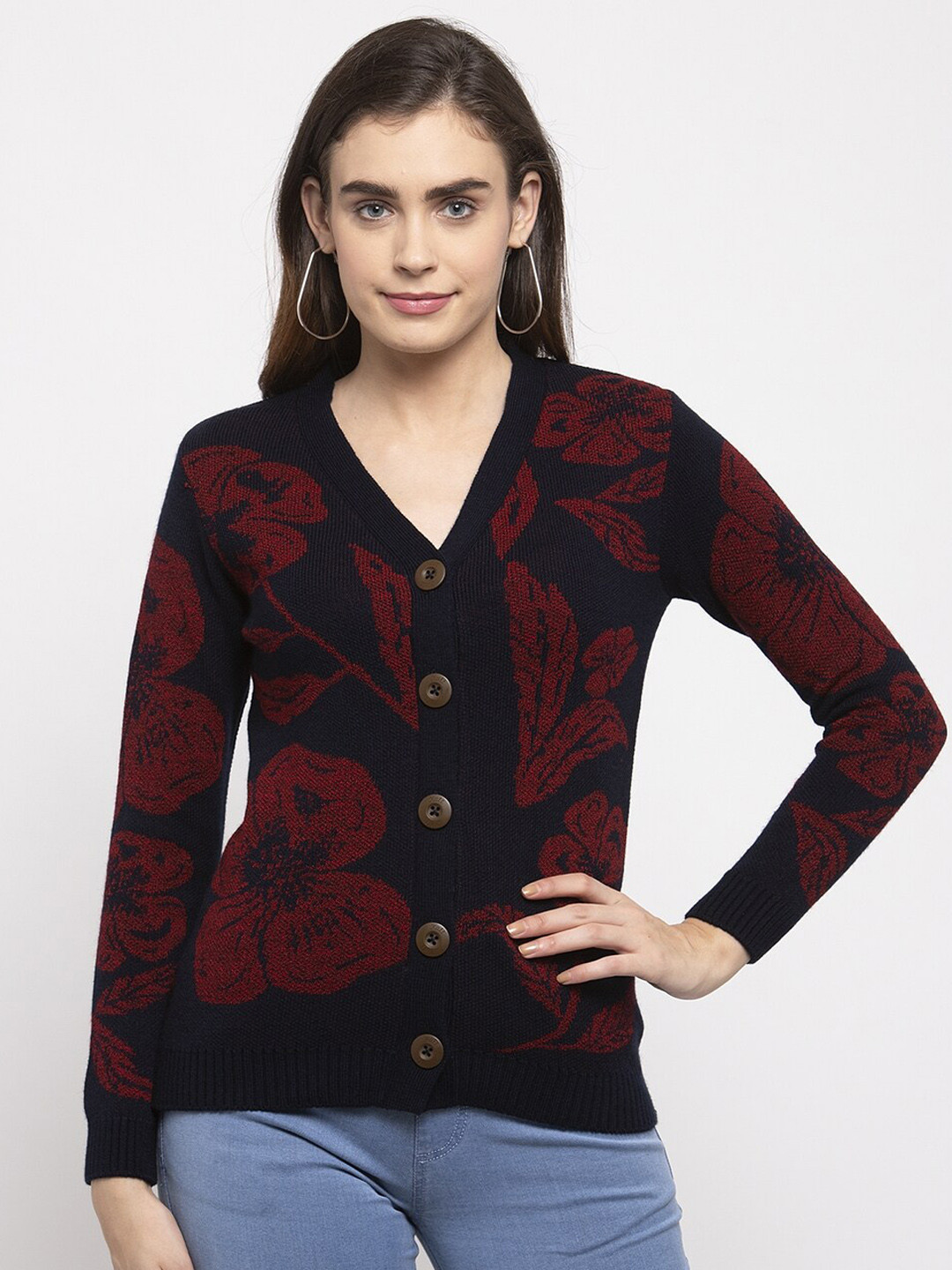

Kalt Women Black & Red Floral Printed Cardigan