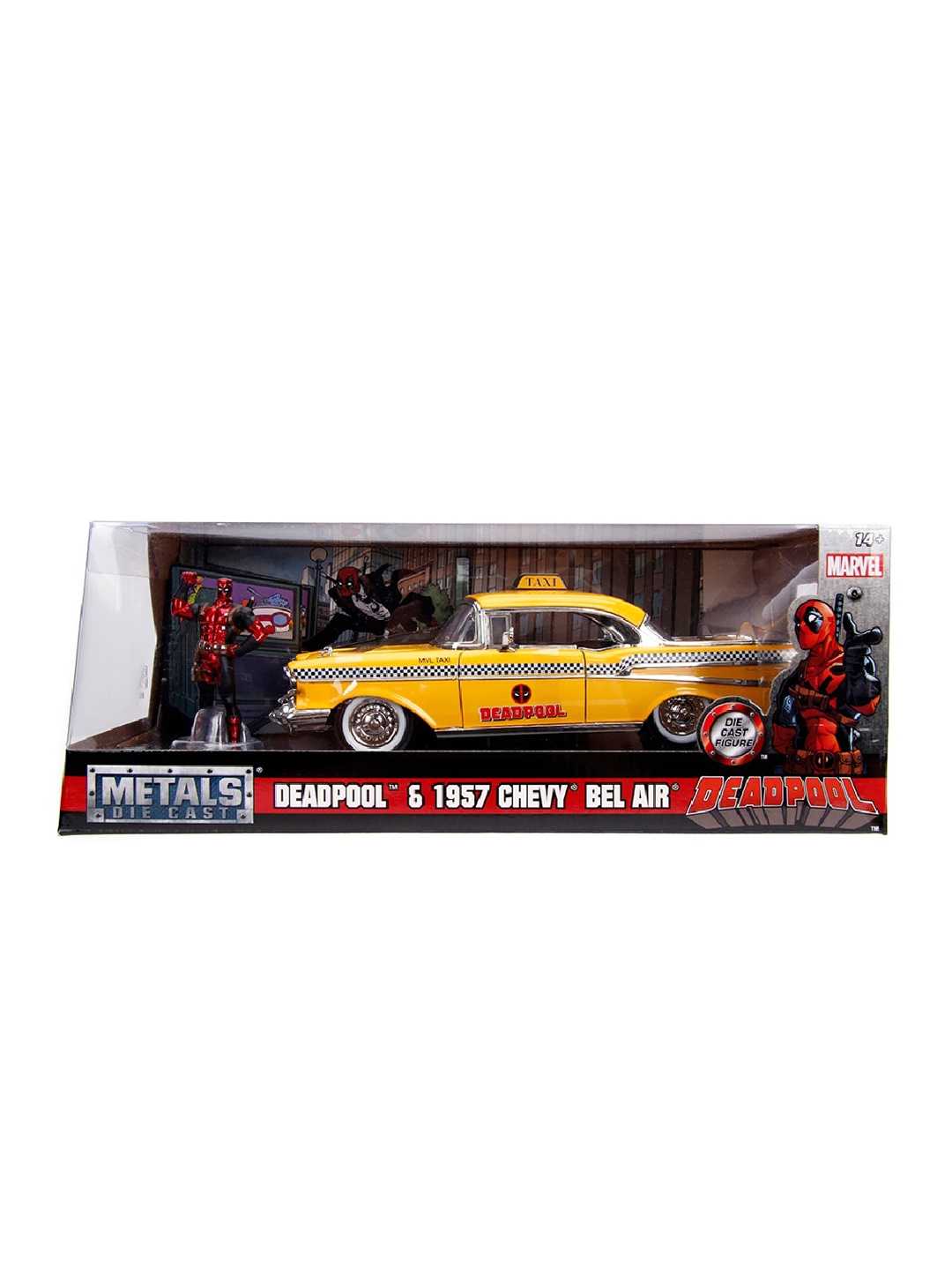 

Jada Toys Kids Yellow Hollywood Rides Diecast Yellow Taxi with Deadpool Action Figures Toy Vehicle