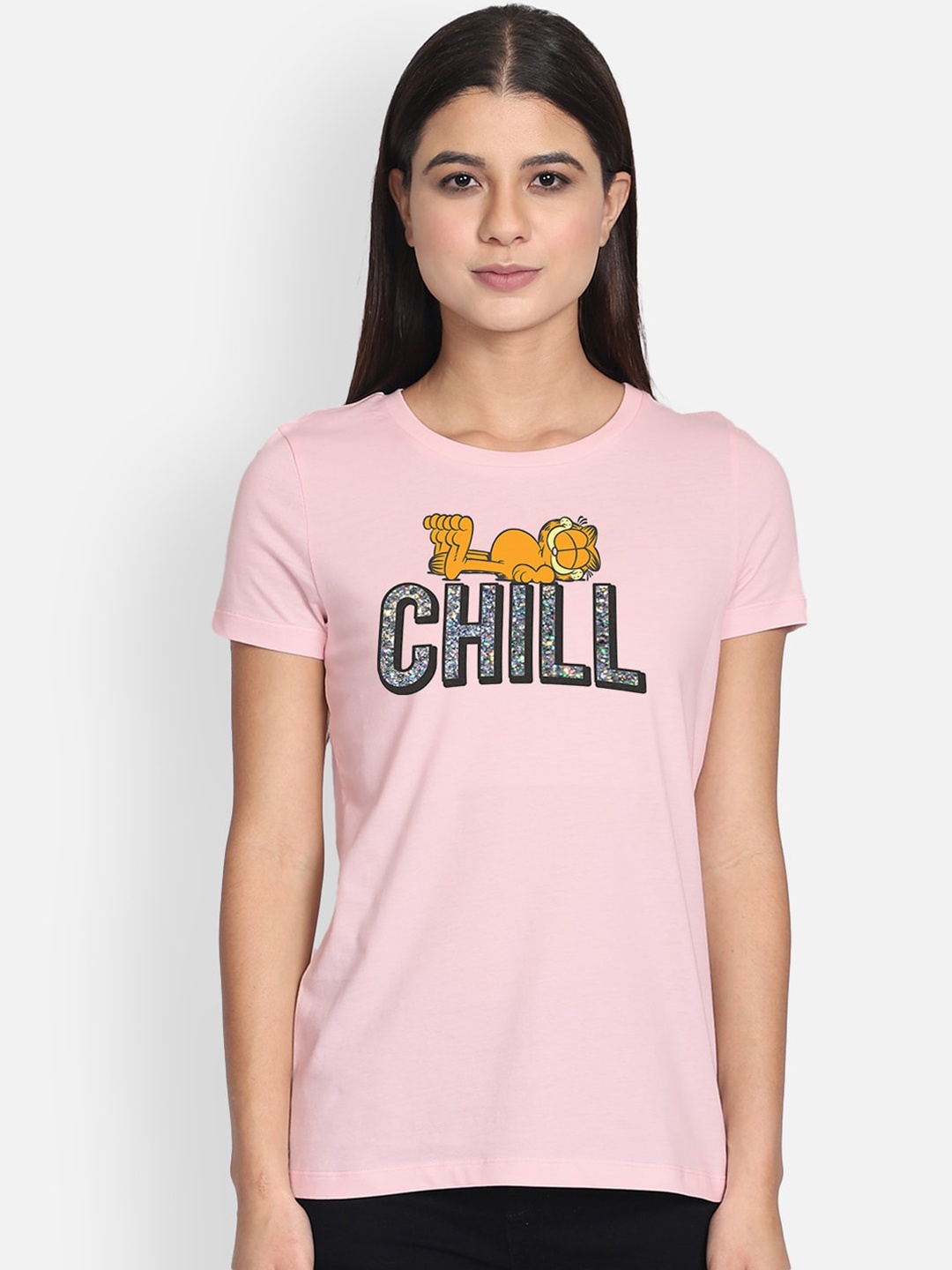 Free Authority Women Pink Garfield Print Round Neck T-shirt