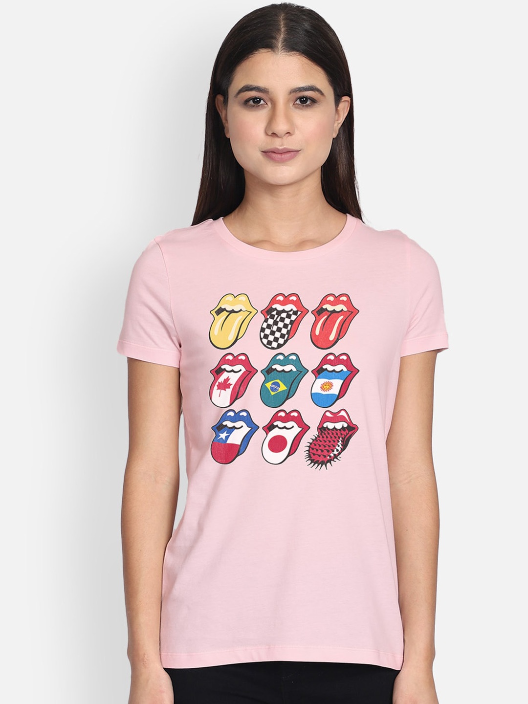 

Free Authority Women Pink Rolling Stone Printed Cotton Round Neck Pure Cotton T-shirt