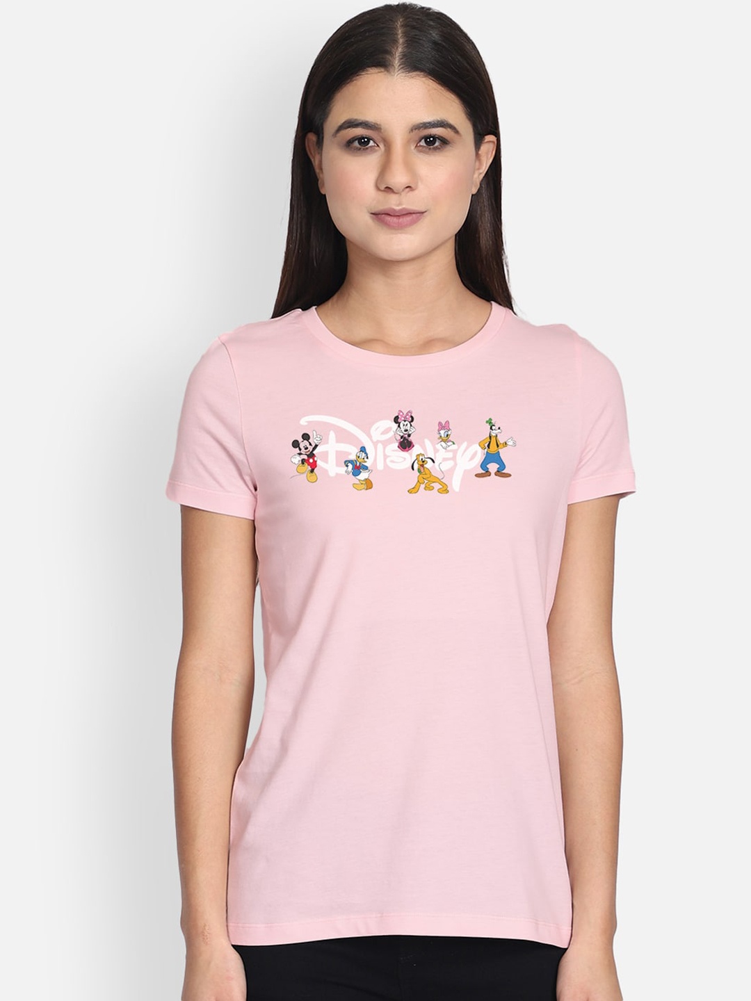 

Free Authority Women Pink Mickey Friends Printed Round Neck Pure Cotton T-shirt