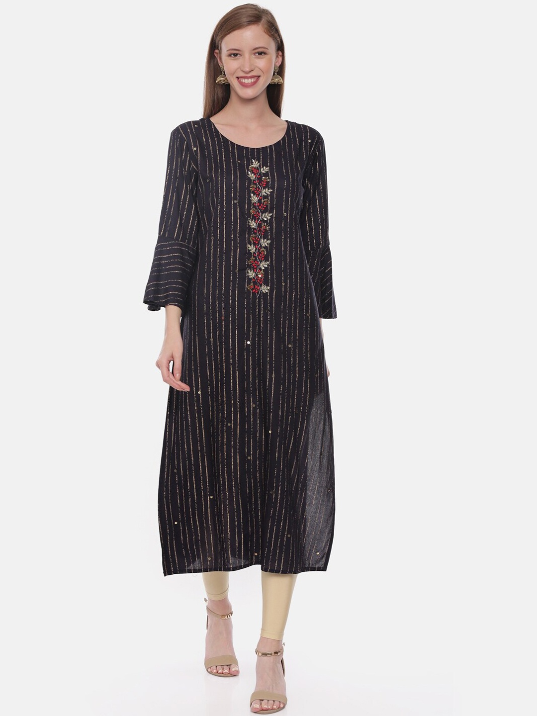 

Neerus Women Navy Blue & Beige Embellished Straight Kurta