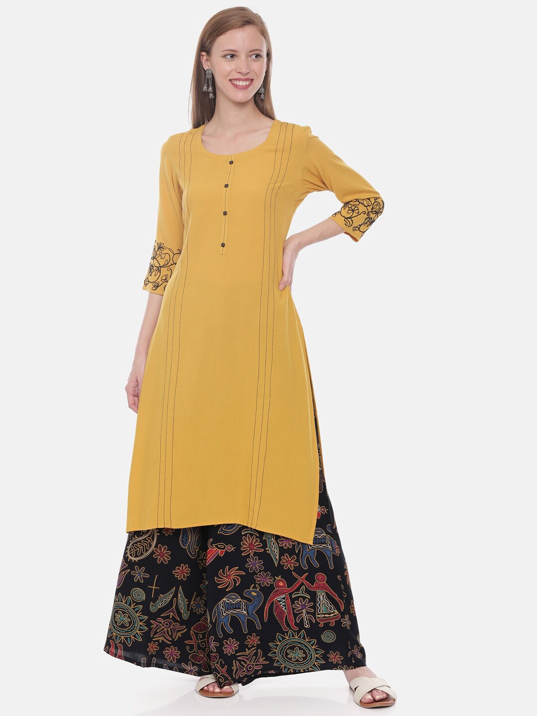 

Neerus Women Mustard Yellow Solid A-Line Kurta