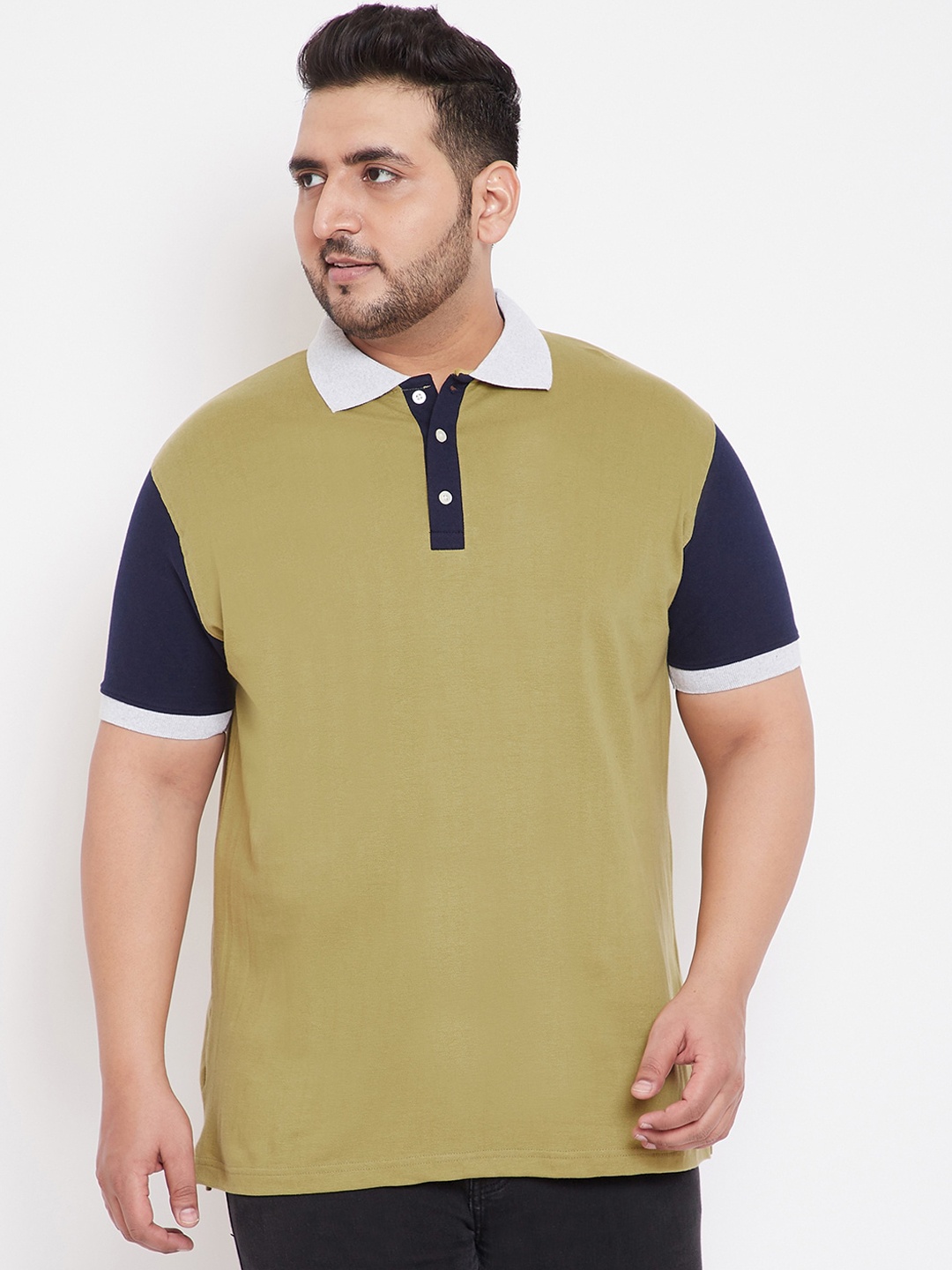 

bigbanana Men Olive Green & Navy Blue Solid Colorblocked Collar T-shirt