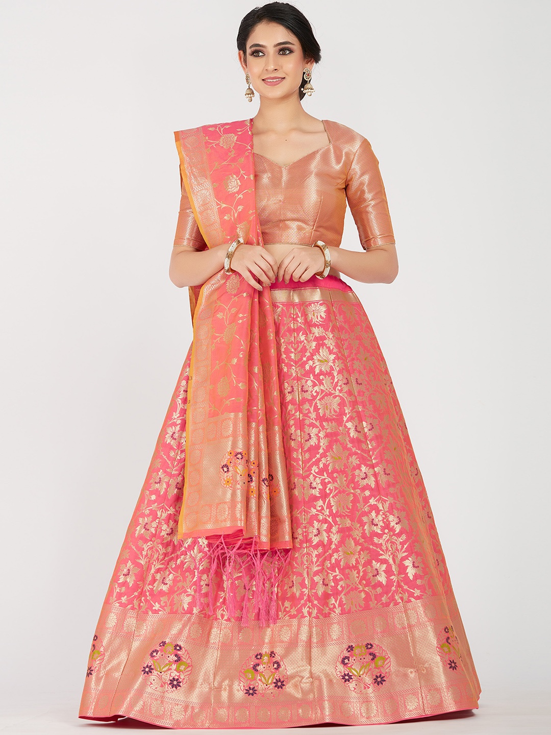 

MIMOSA Women Pink & Gold-Coloured Woven Design Semi-Stitched Lehenga & Unstitched Blouse with Dupatta