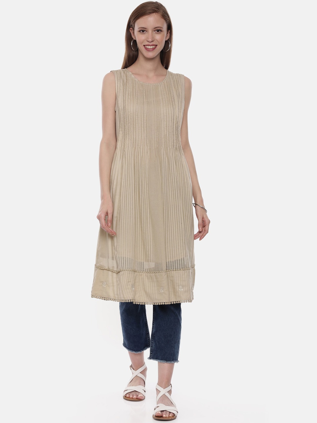 

Neerus Women Beige Striped A-Line Kurta