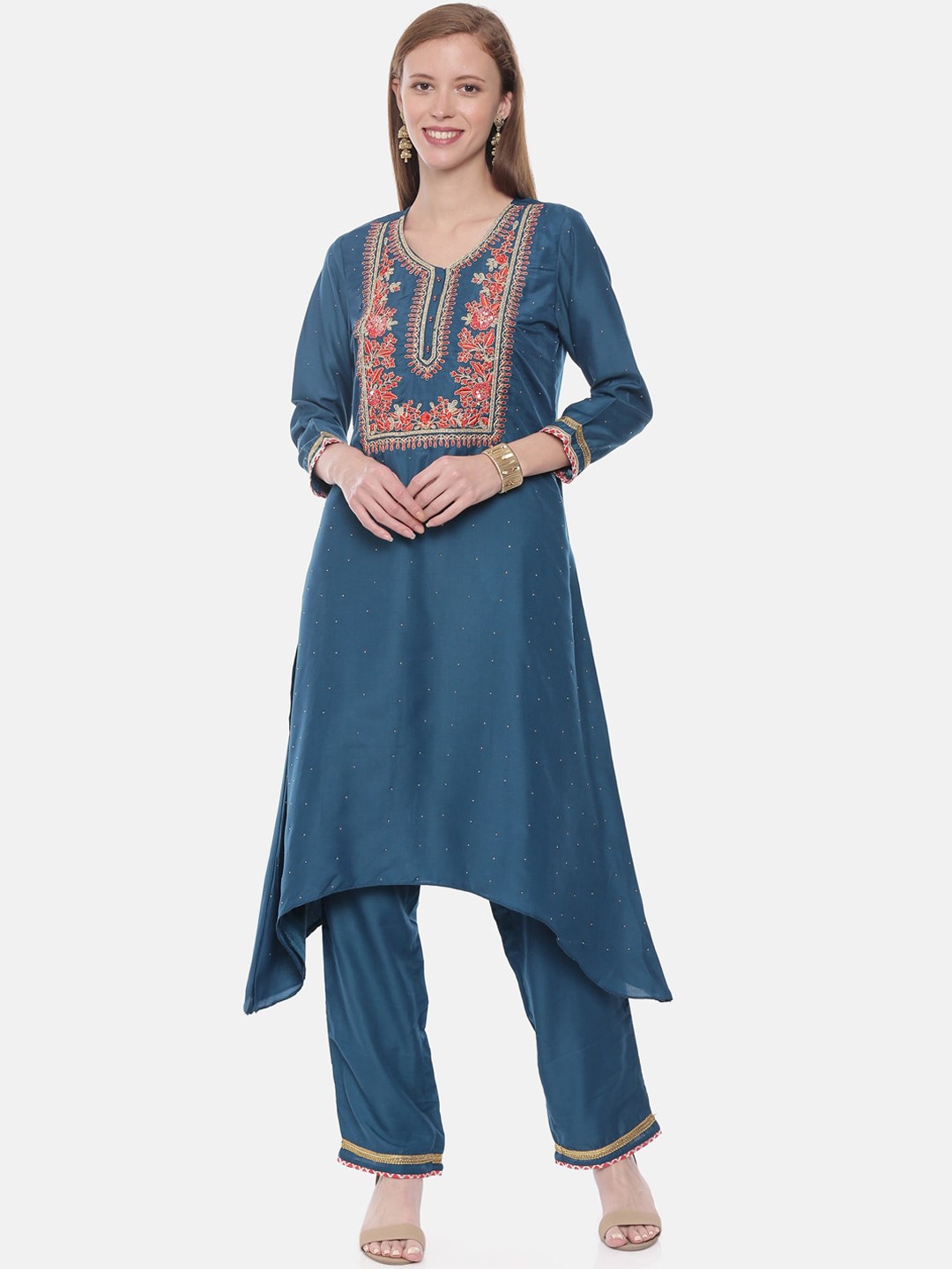 

Neerus Women Teal Blue Yoke Design A-Line Kurta