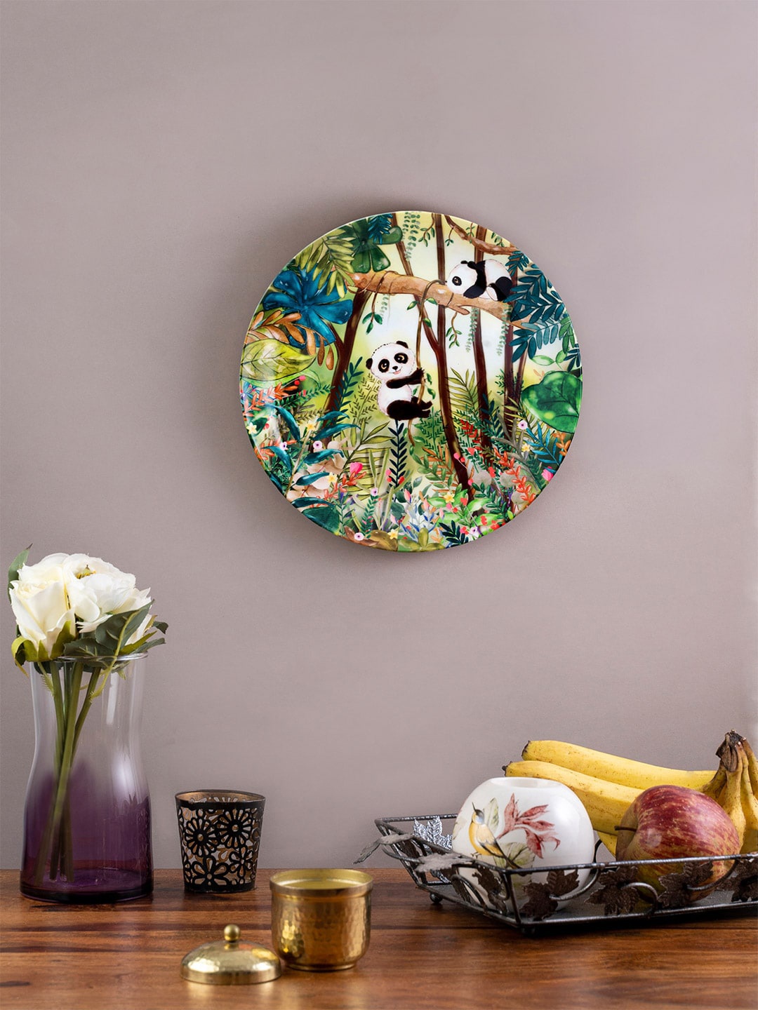 

KOLOROBIA Green & White Printed Swings Of A Panda Decorative Wall Plate