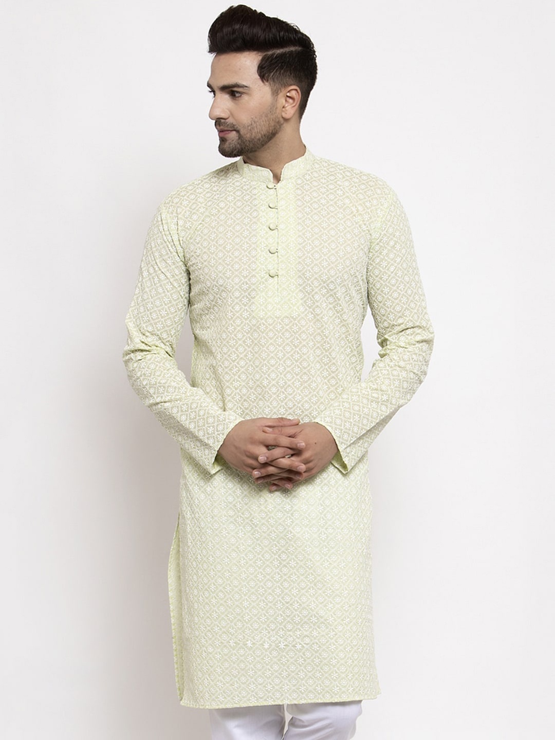 

Jompers Men Green Woven Design Straight Kurta
