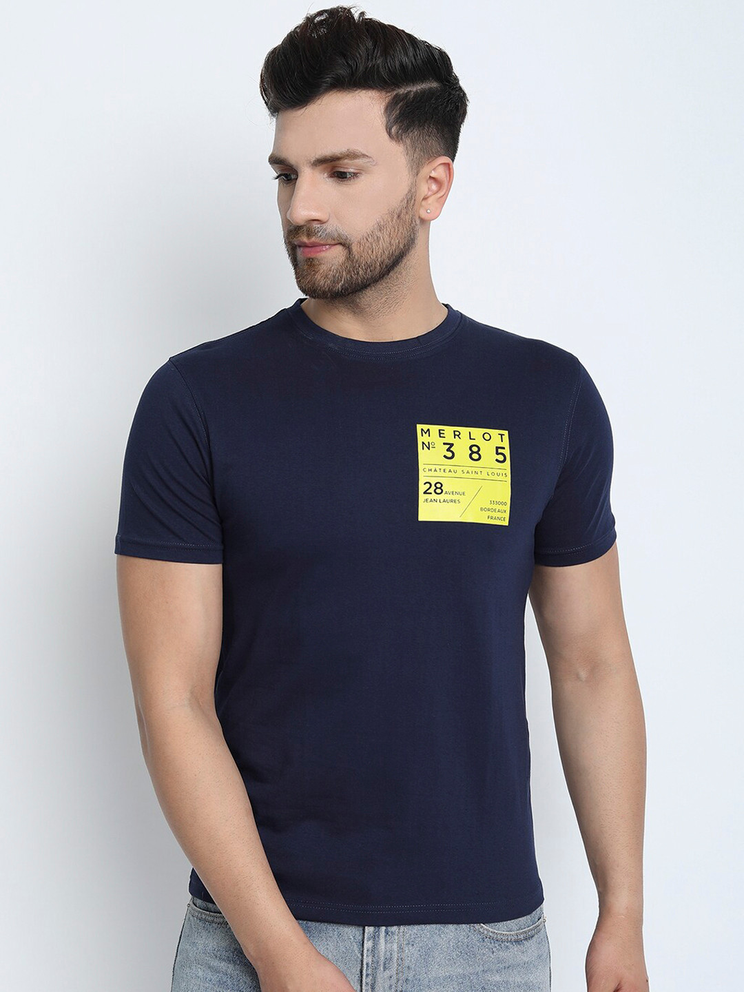 

MERLOT Men Navy Blue Printed Round Neck T-shirt