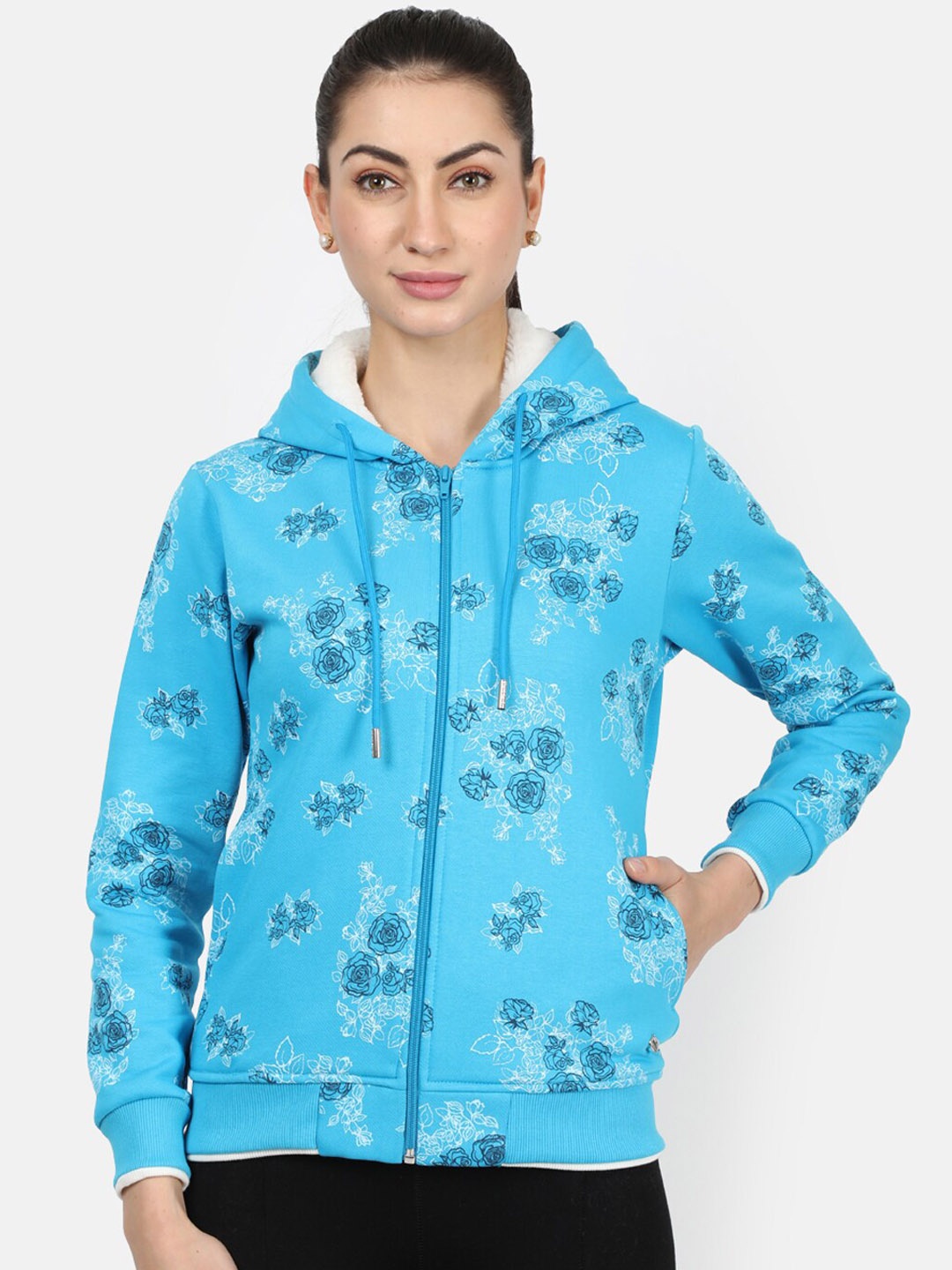 

Monte Carlo Women Blue Printed Hooded Sweatshirt