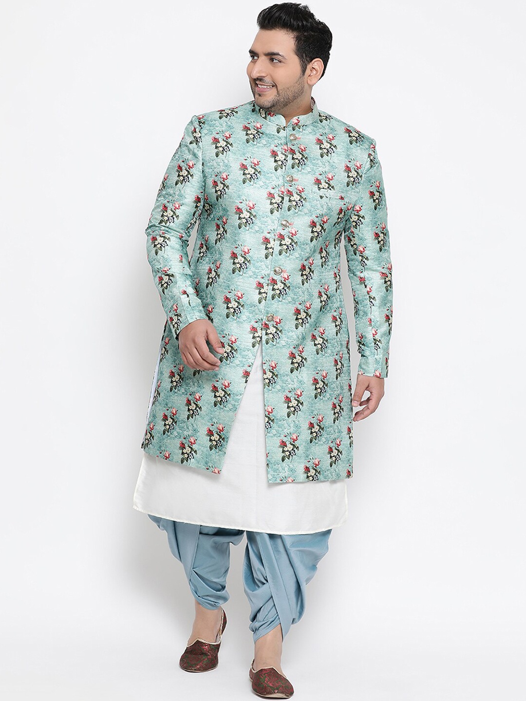 

KISAH PLUS Men Green & White Floral Printed Indowestern Sherwani Set, Blue