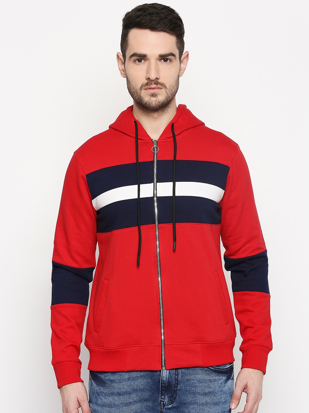 

People Men Red & Navy Blue Colourblocked Hooded Sweatshirt