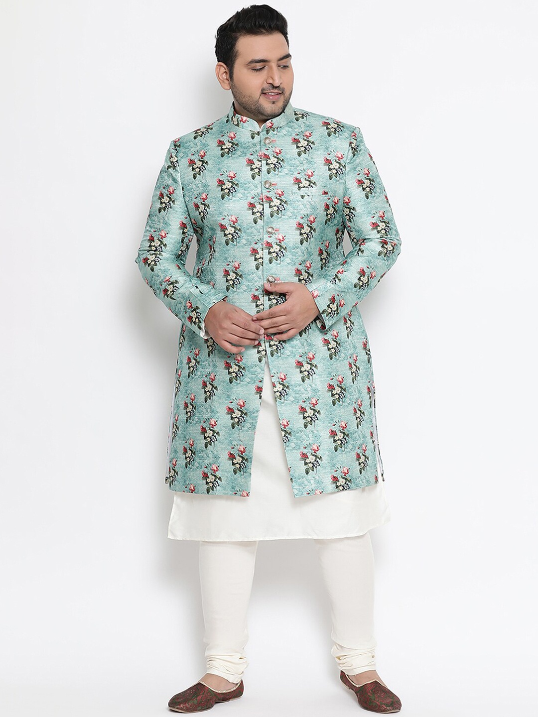 

KISAH PLUS Men Blue & White Floral Printed Indowestern Sherwani Set