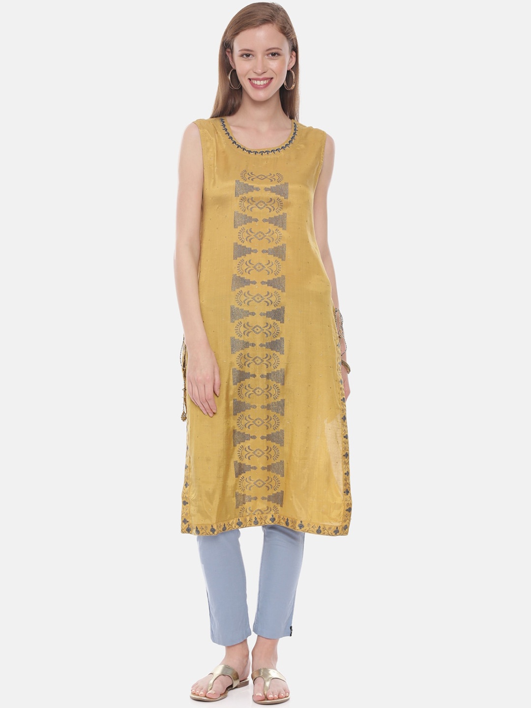 Neerus Women Mustard Embroidered Straight Kurta