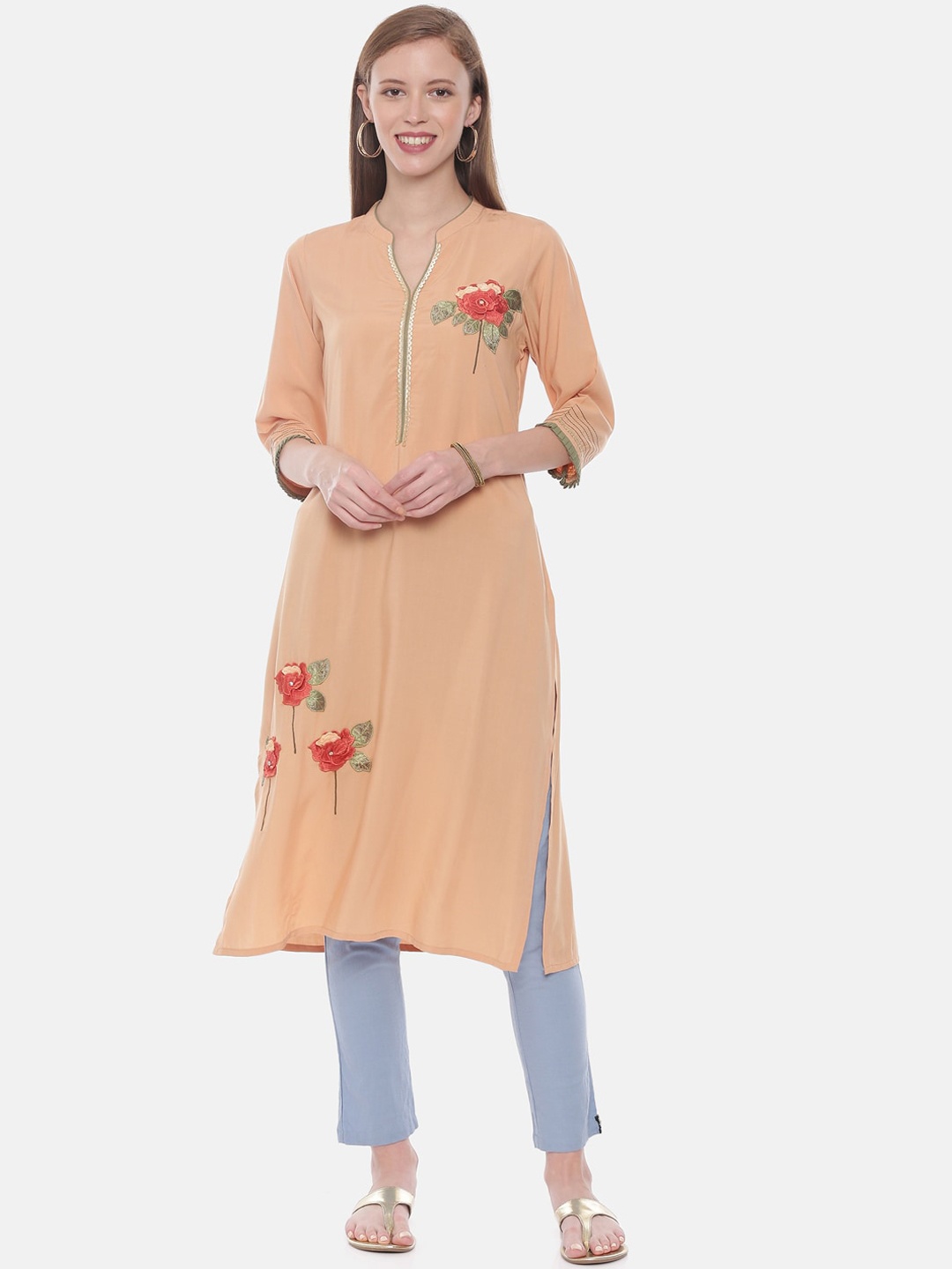 

Neerus Women Beige Embroidered Straight Kurta