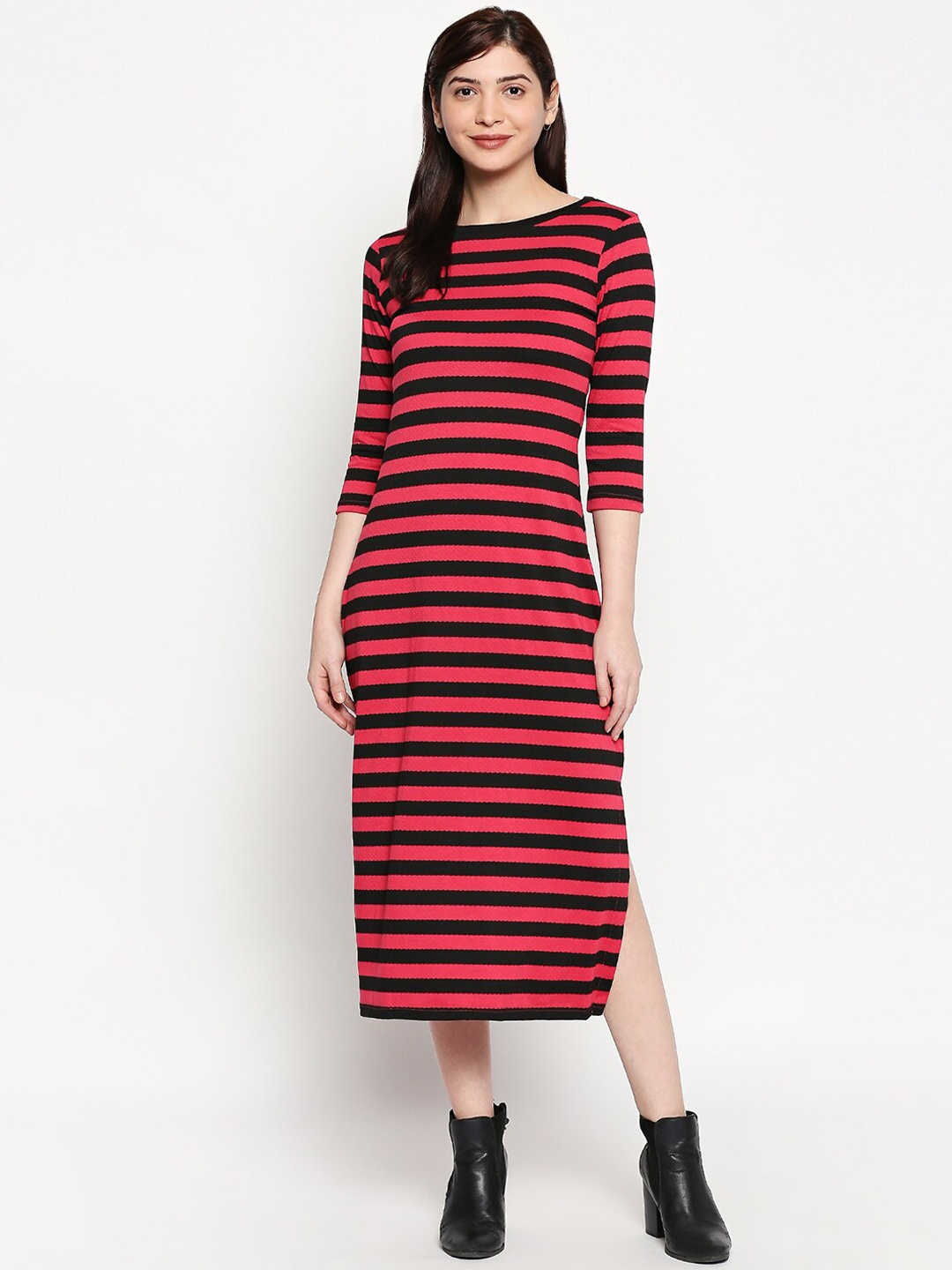

inocenCia Women Fuchsia Pink & Black Striped A-Line Dress
