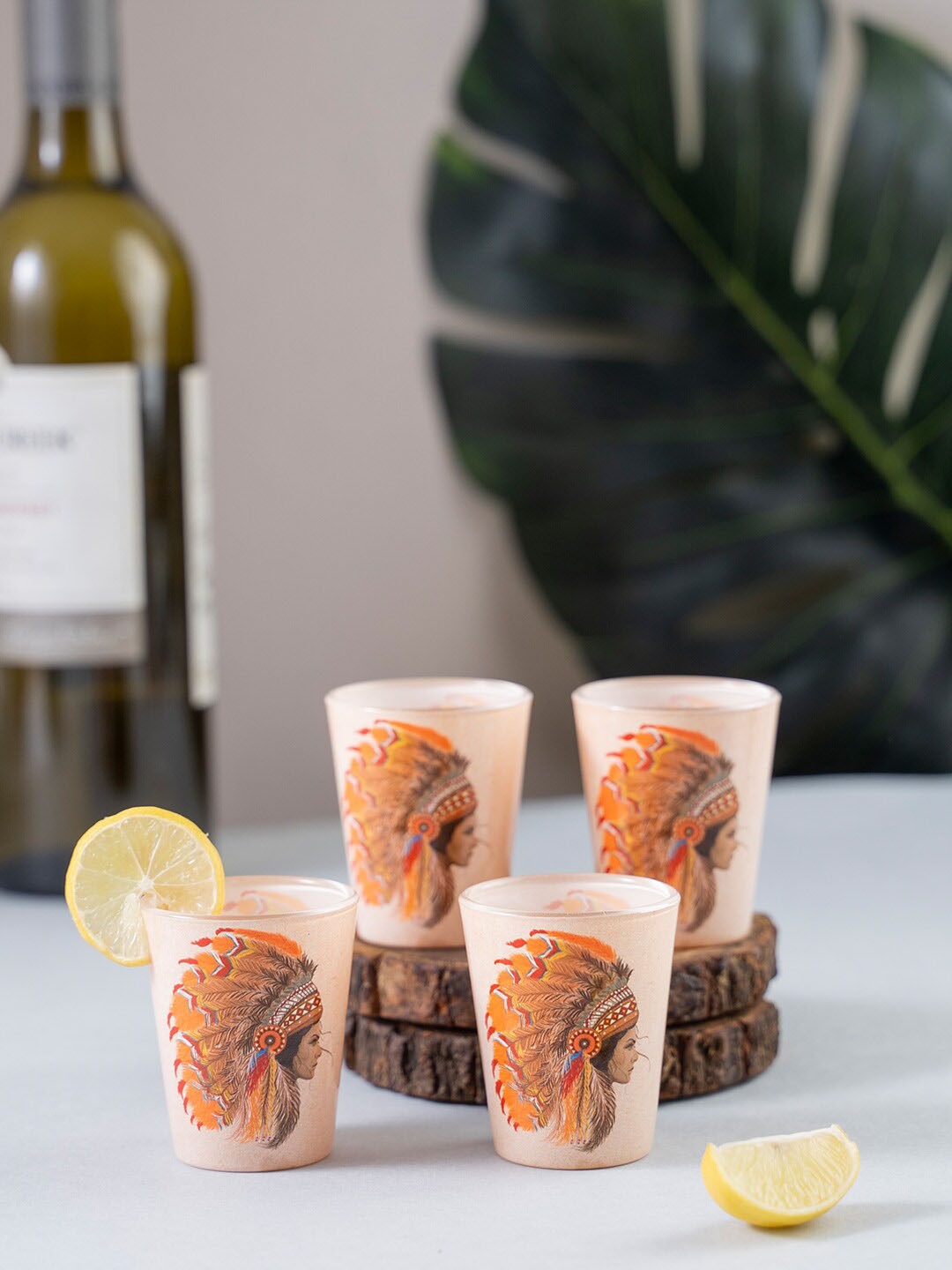 

KOLOROBIA Set Of 4 White & Orange Red Indian Female Printed Shot Glasses 30ml