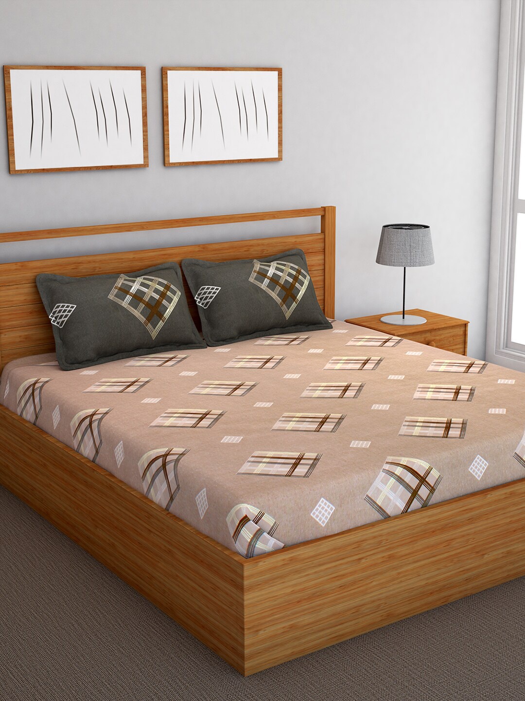 

Bedspun Peach-Colored & Brown Printed 120 TC Cotton Double Bedsheet With 2 Pillow Covers