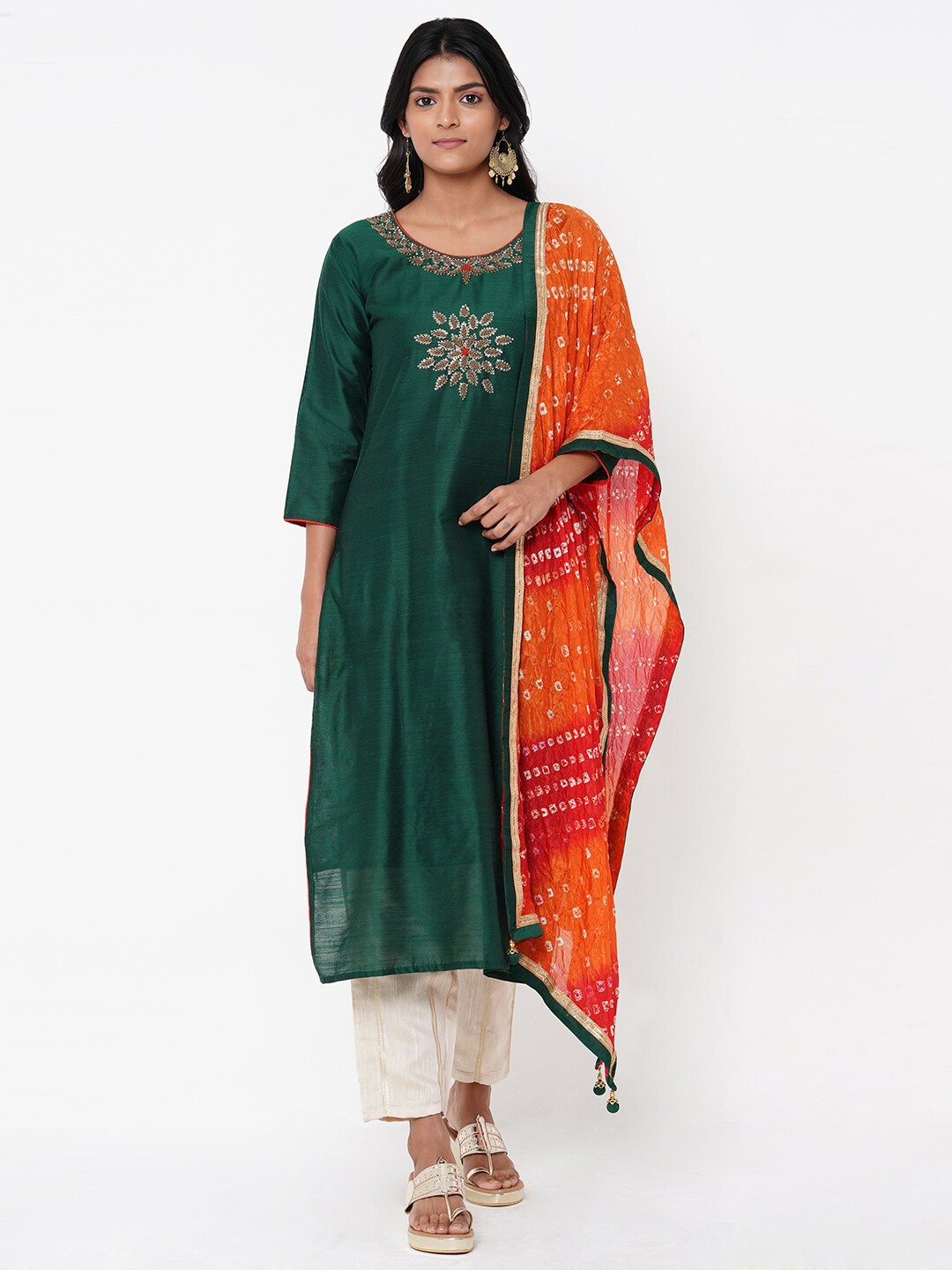

FASHOR Women Green Embroidered A-Line Kurta