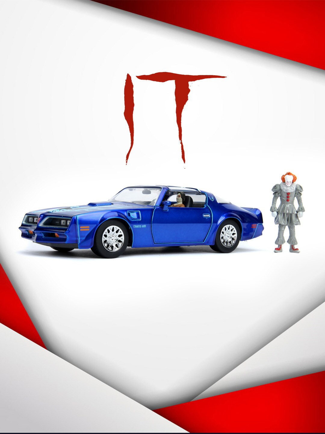 

Jada Toys Kids Blue Diecast 1:24 IT 1977 Pontiac Firebird Car With Pennywise Action Figure Toy Vehicle