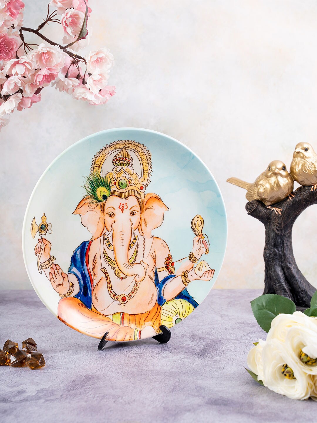 

KOLOROBIA Blue & Orange Printed Ganesha Decorative Wall Plate