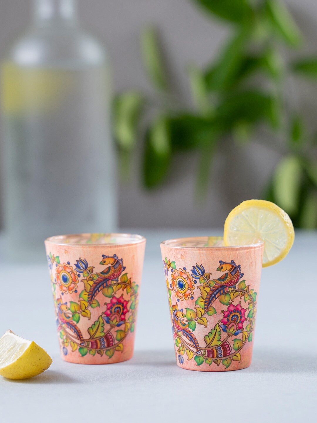 

KOLOROBIA Set Of 2 Peach-Colour & Green Kalamkari Finesse Shot Glasses 30 ml