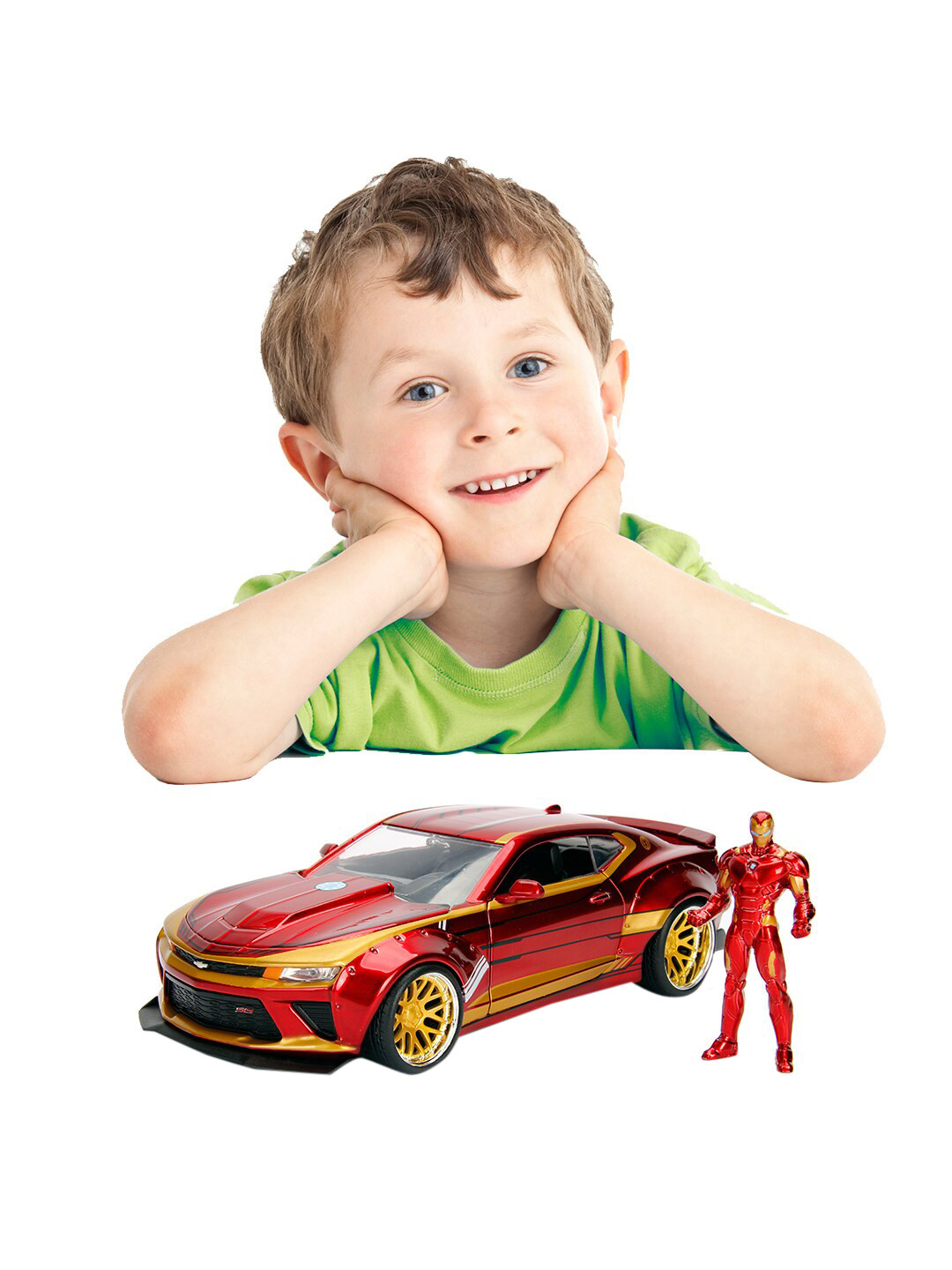 

Jada Toys Kids Red & Gold-Toned Hollywood Rides Diecast 1:24 2016 Chevy Camaro SS Car With Ironman Action Figure