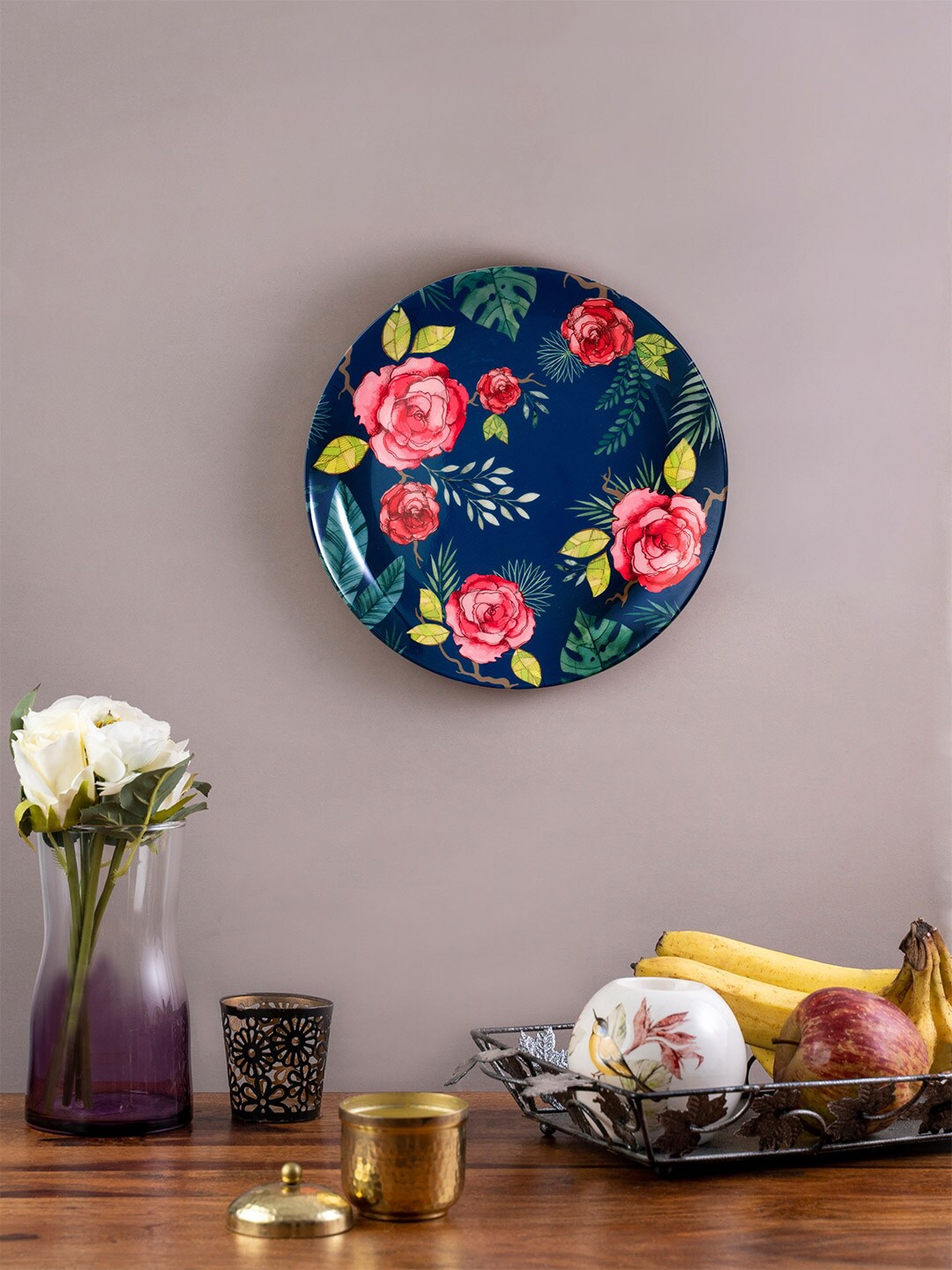 

KOLOROBIA Blue & Pink Misty Morning Roses Decorative Wall Plate