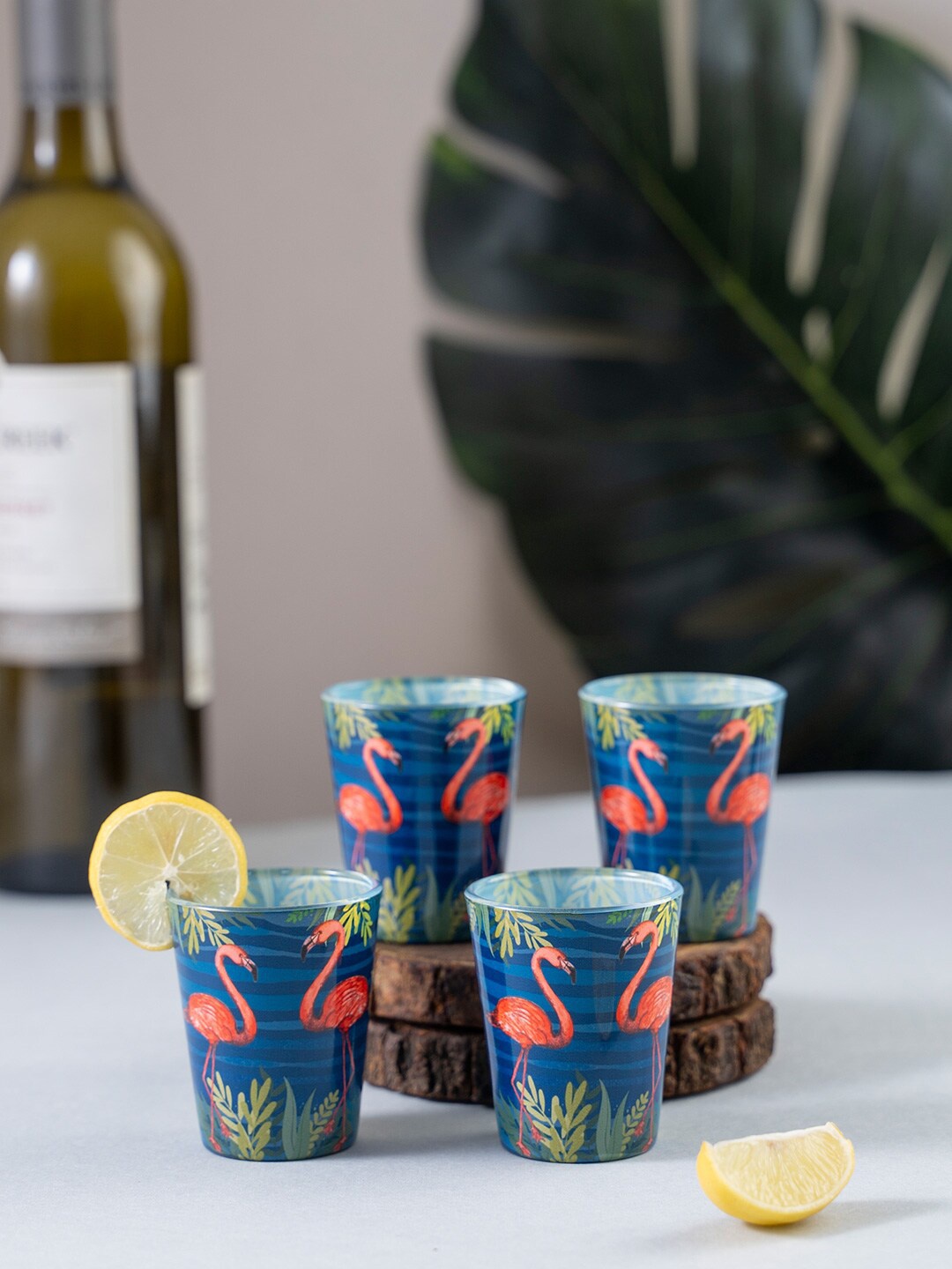 

KOLOROBIA Set Of 4 Blue & Red Tropical Flamingo Printed Shot Glasses 30 ml