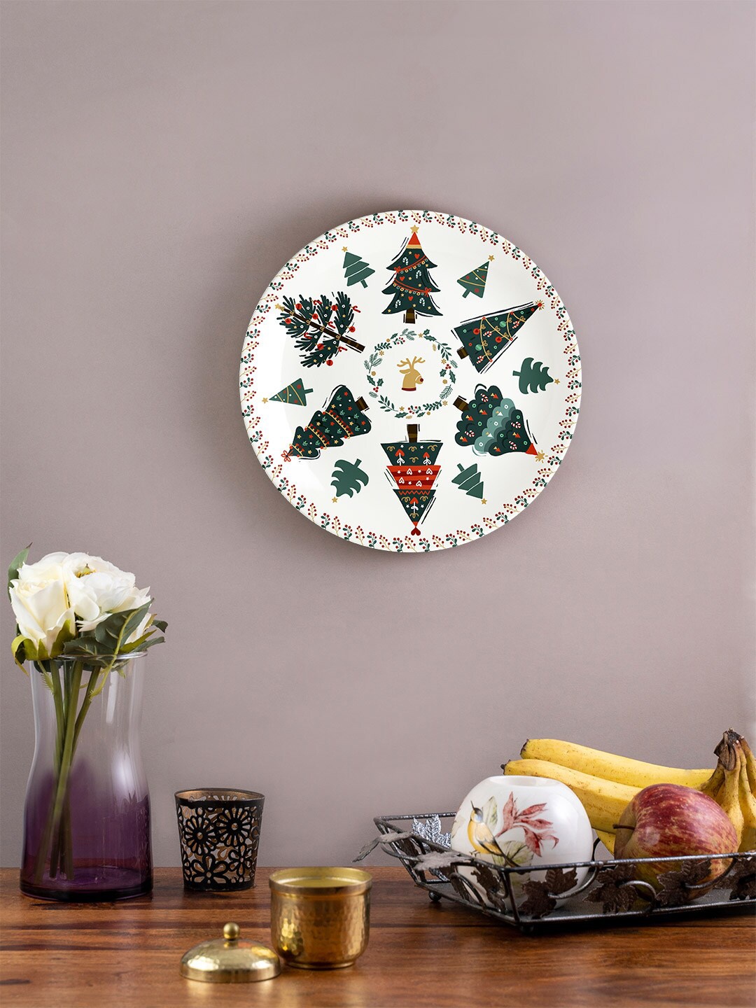 

KOLOROBIA White & Green Printed Christmas Tree Reindeer Decorative Wall Plate