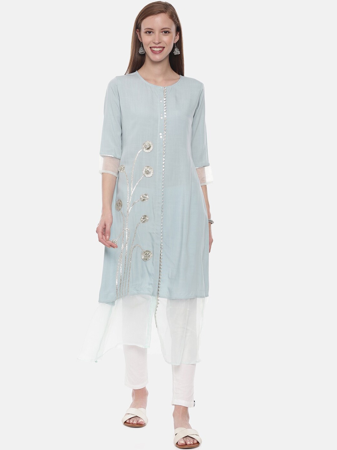 

Neerus Women Sea Green Embroidered Straight Kurta