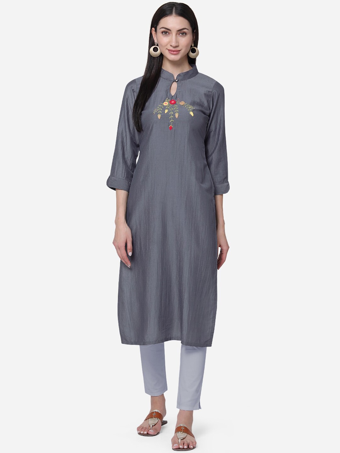 

Kvsfab Women Grey Embroidered Straight Kurta