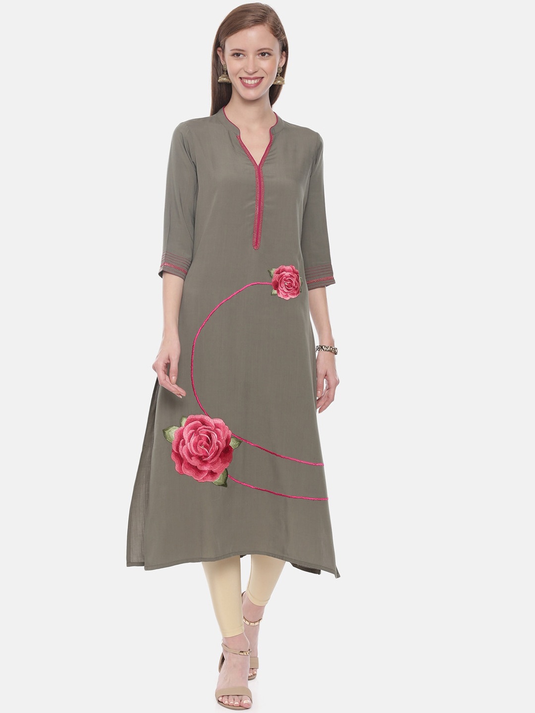 

Neerus Women Olive Green & Pink Embroidered A-Line Kurta