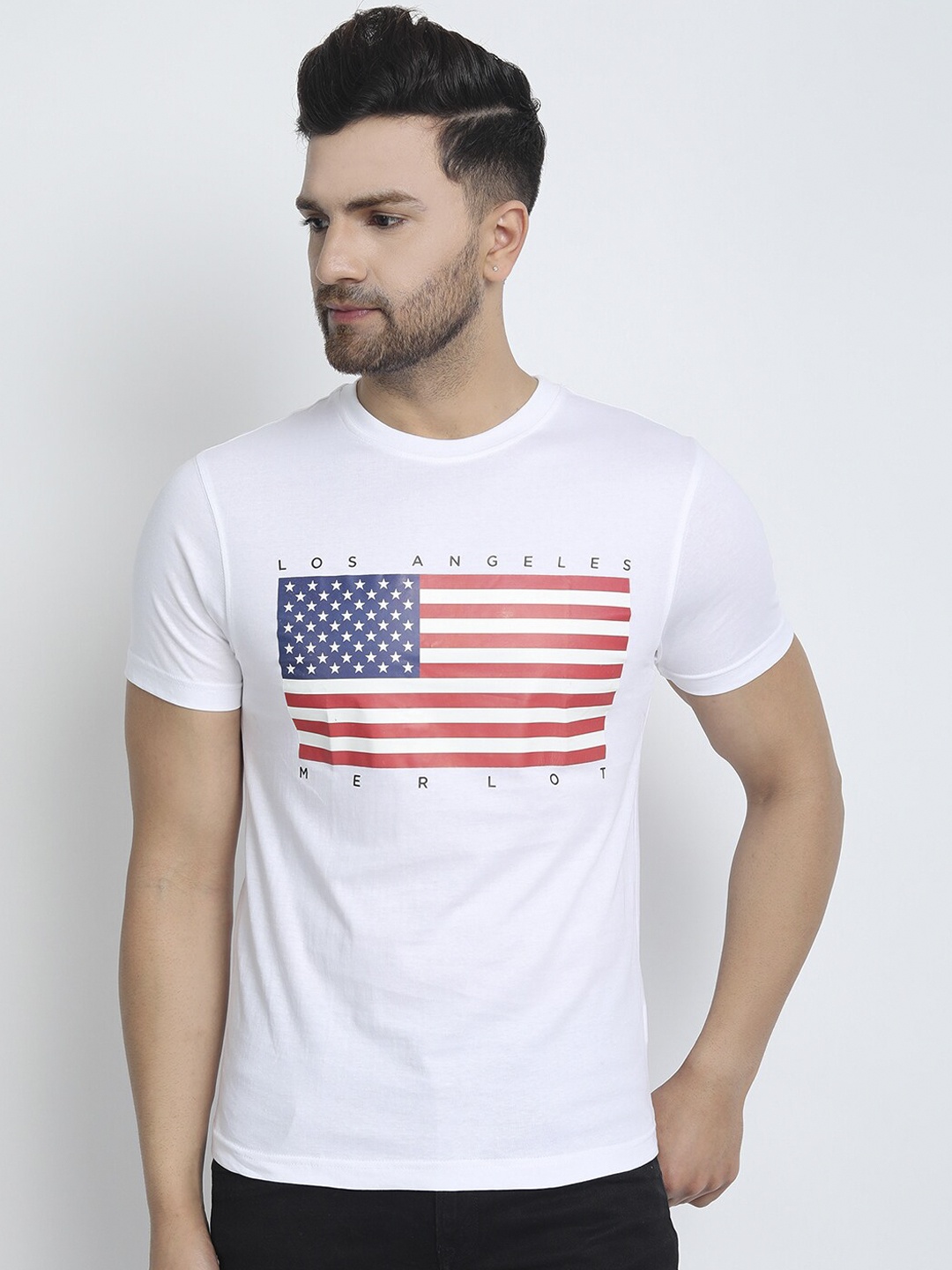 

MERLOT Men White Printed Round Neck T-shirt