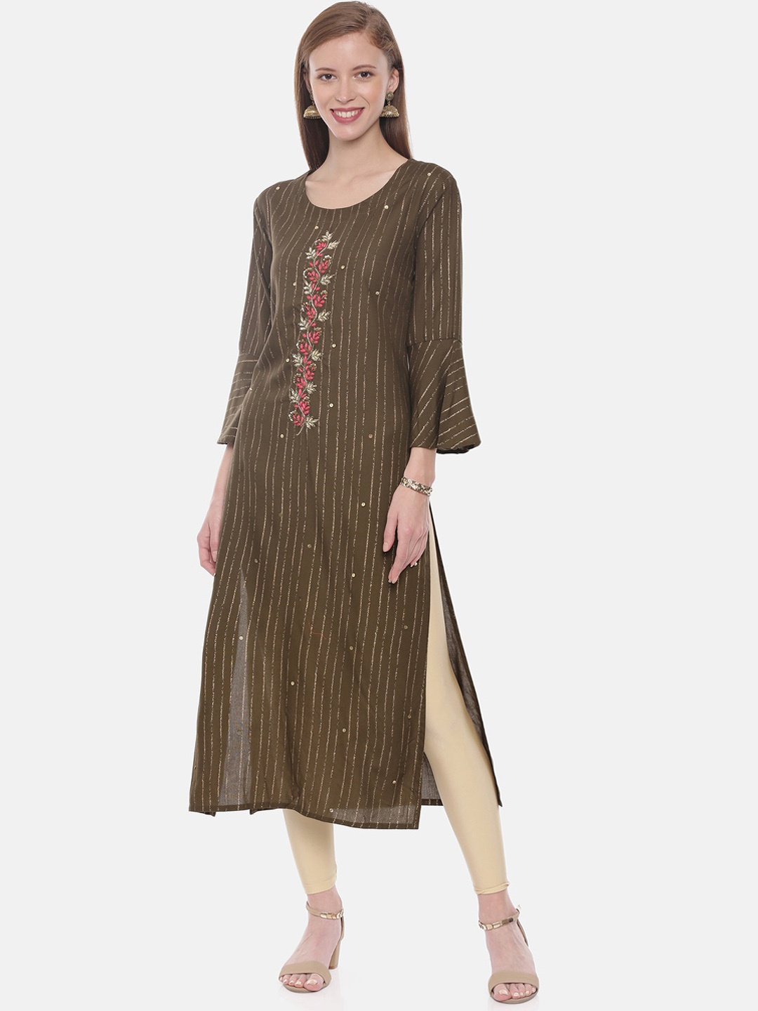 

Neerus Women Green Striped Straight Kurta