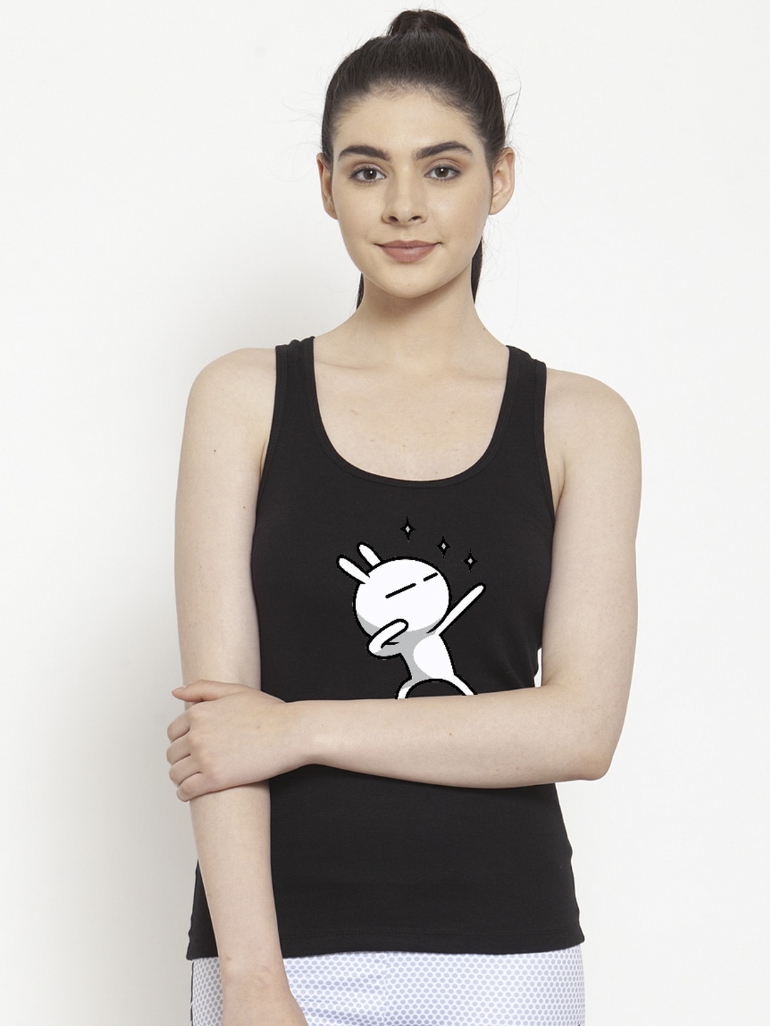

Friskers Women Black Printed Tank Pure Cotton Top