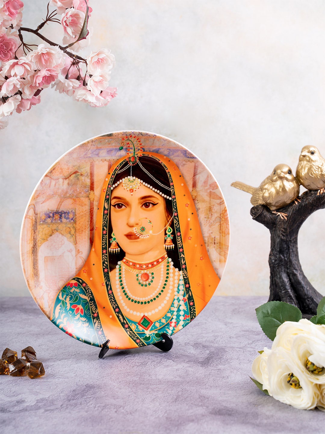 

KOLOROBIA Blue & Orange Printed Mughal Queen Mumtaz Decorative Wall Plate
