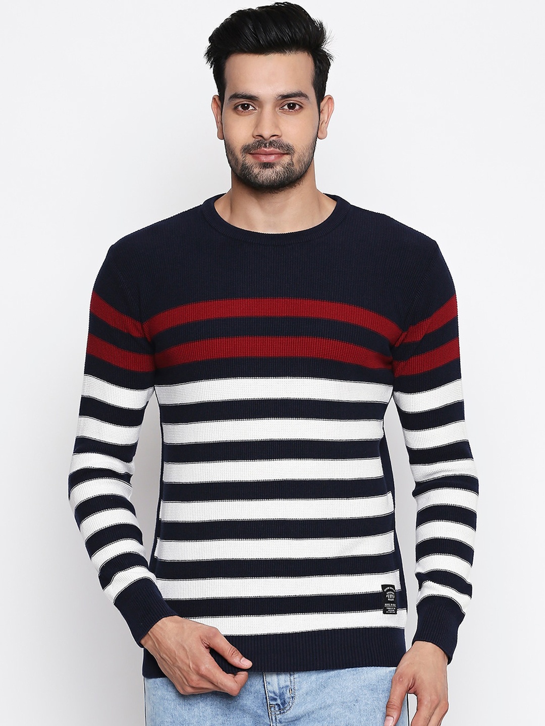 People Men Navy Blue & White Striped Pullover Sweater