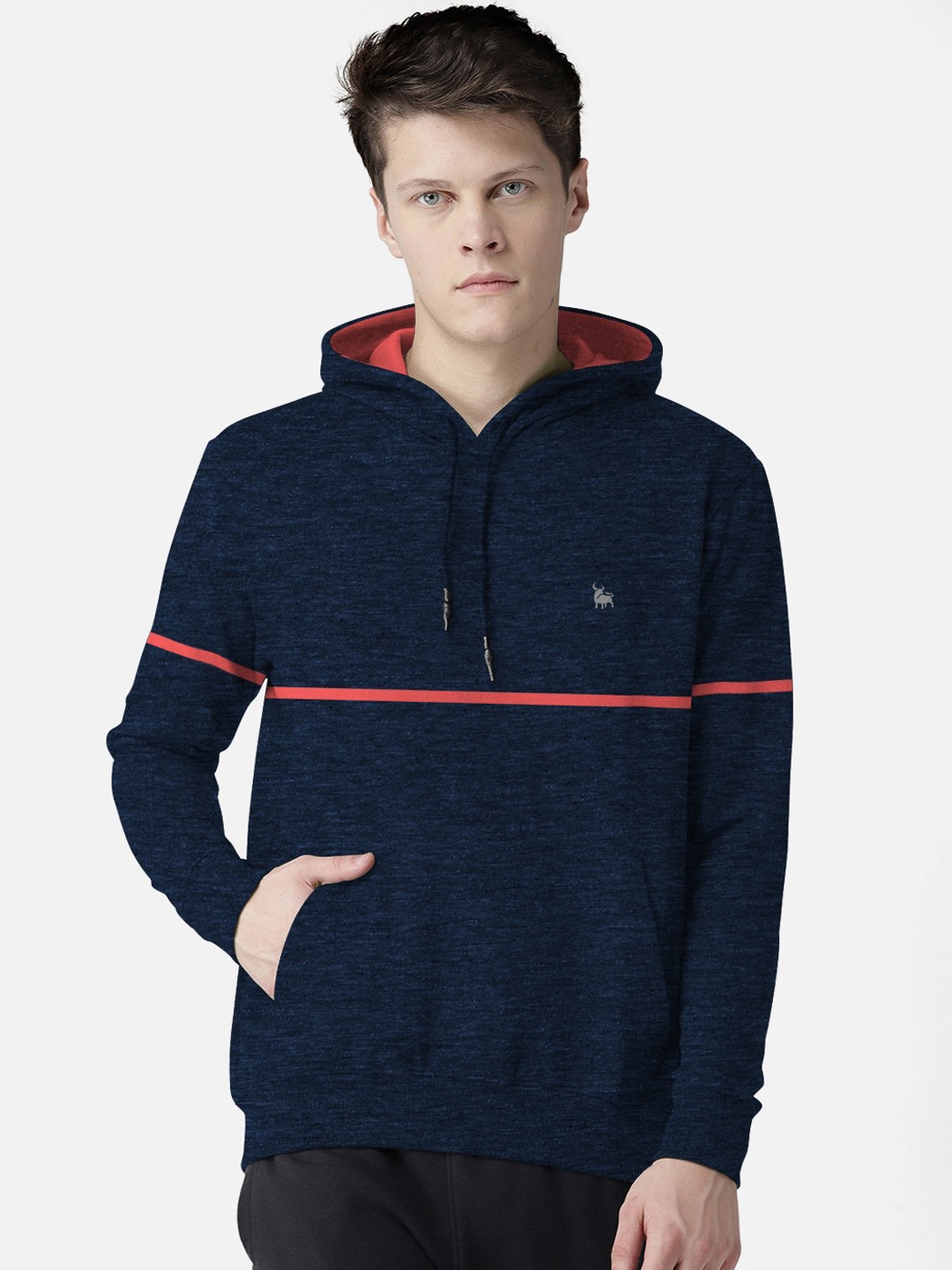 

BULLMER Men Navy Blue Solid Hooded Sweatshirt