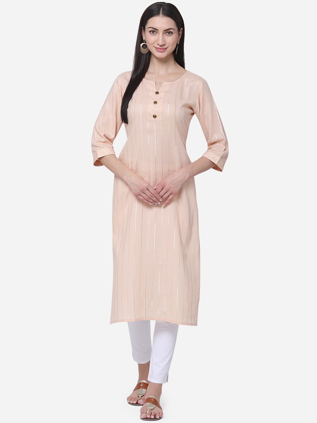 

Kvsfab Women Peach Striped Straight Kurta