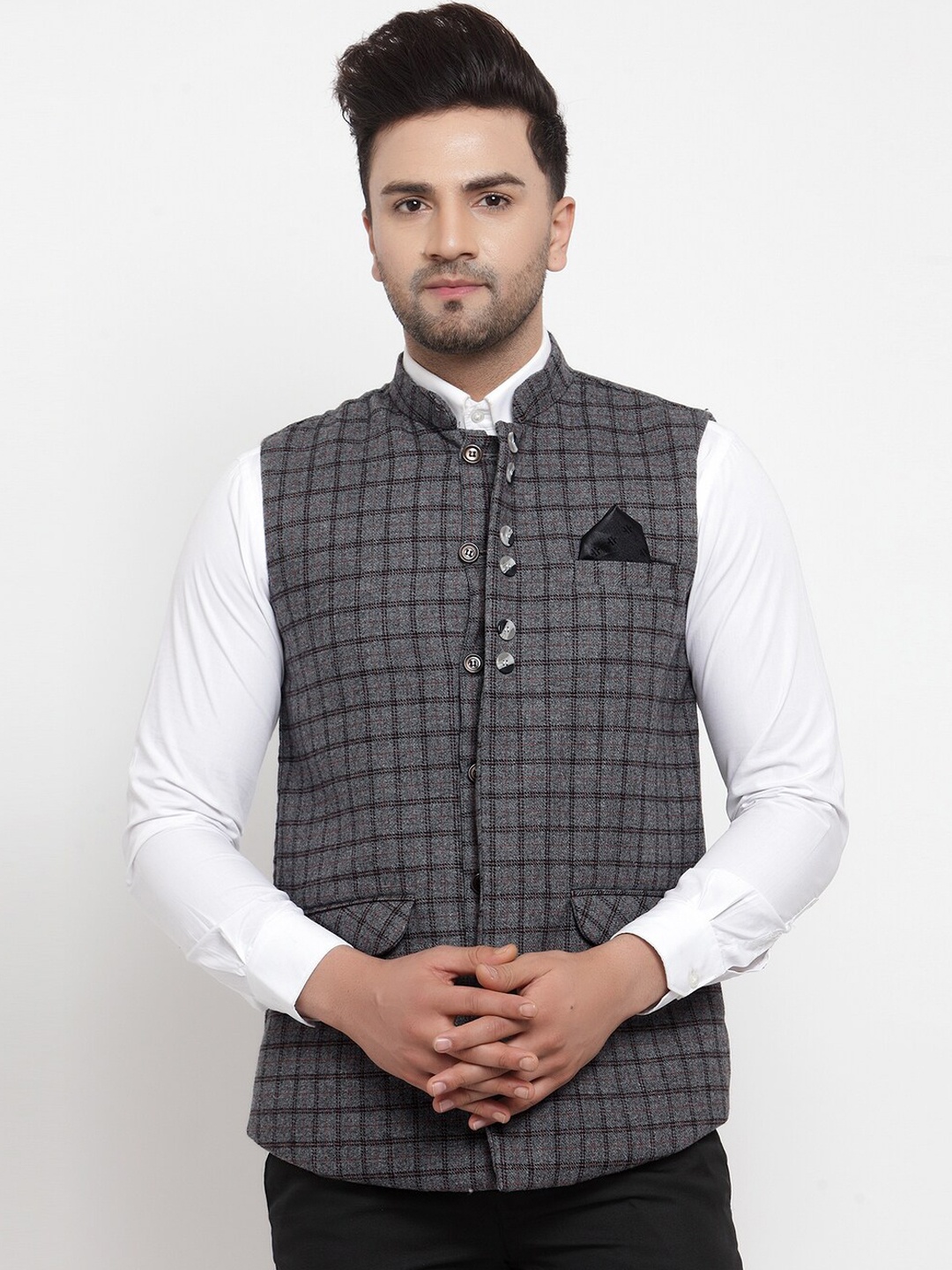 

KLOTTHE Men Grey Checked Woven Nehru Jacket