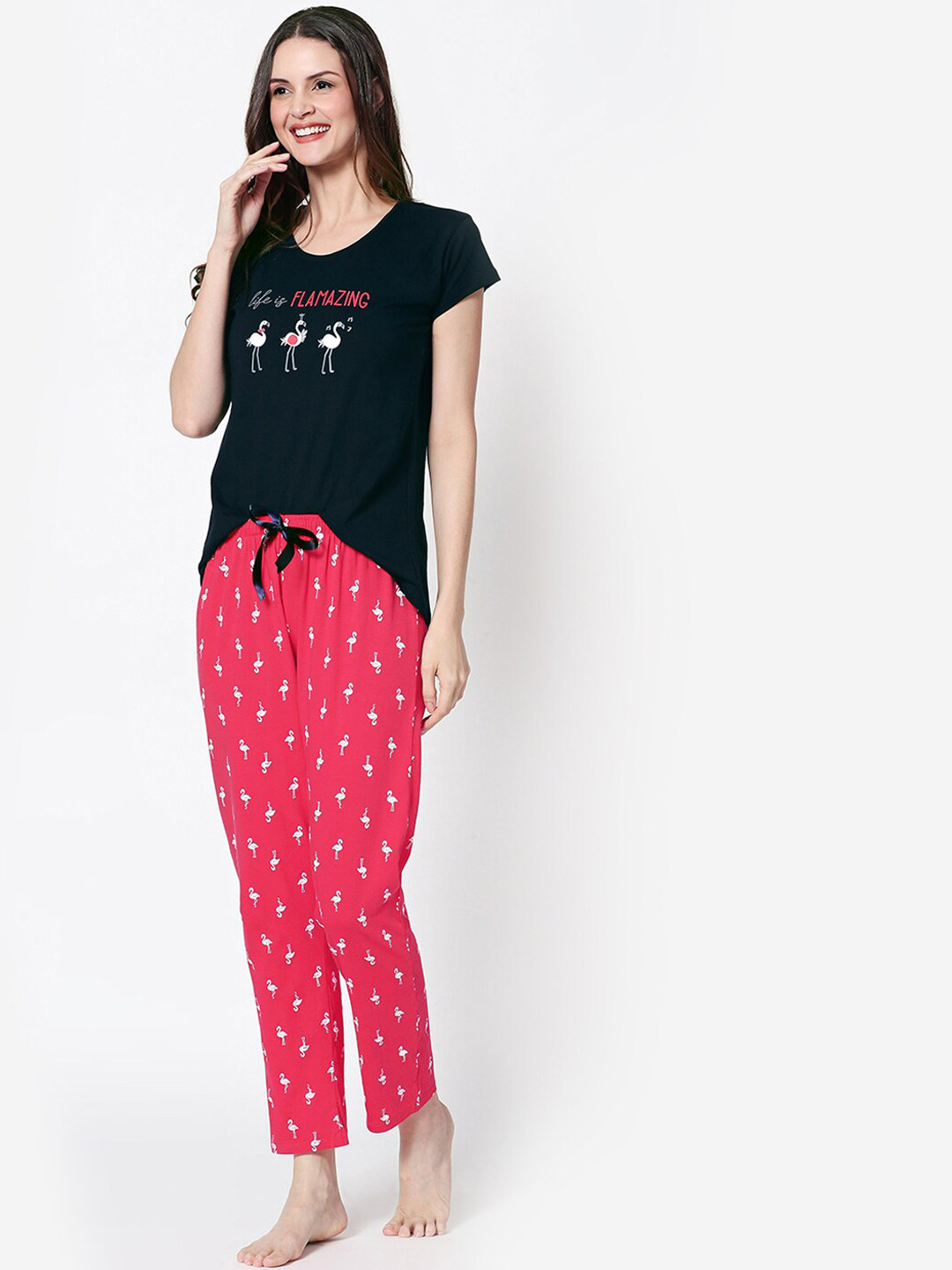 

Zeyo Women Black & Red Printed Night Suit